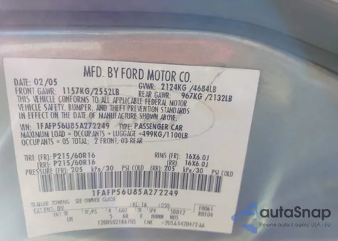 2005 Ford Taurus Sel z USA, uszkodzony, nr VIN 1FAFP56U85A272249